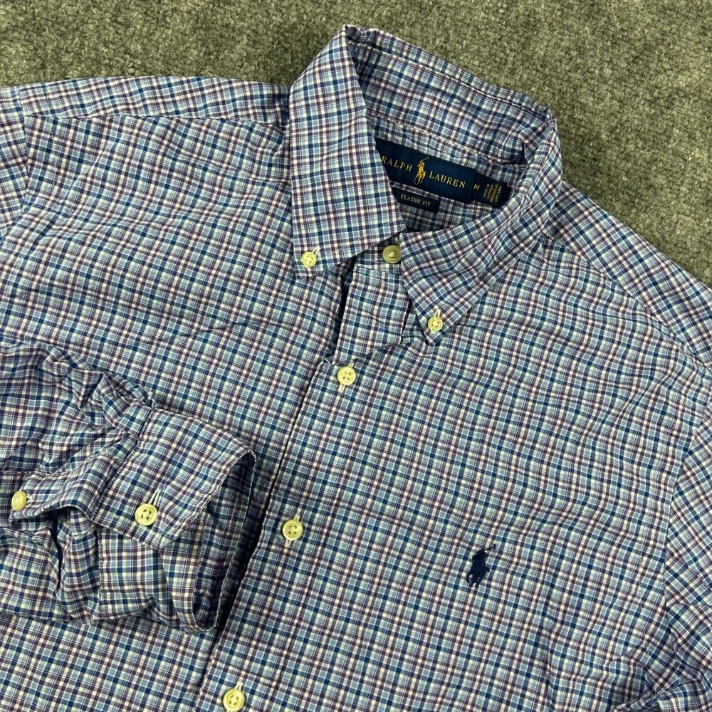 Ralph Lauren Button Down Shirt Mens M Blue Purple Plaid Classic Fit Long Sleeve